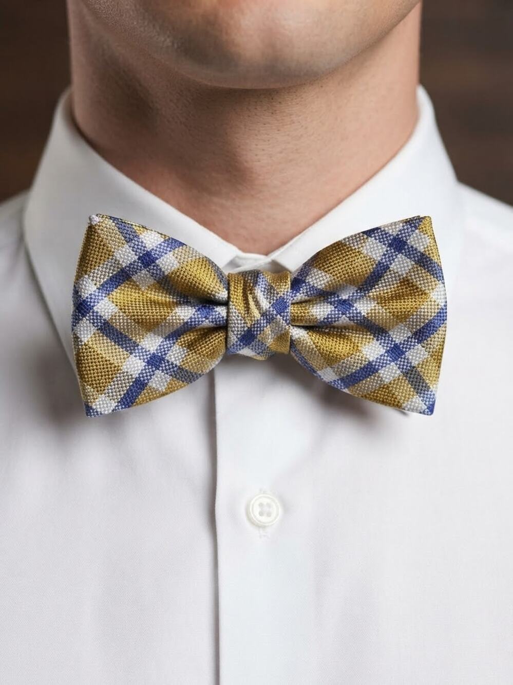 NWT Daniel Cremieux yellow blue white plaid silk blend bow tie